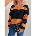 thumbnail image 6 of Women Fall V Neck Sweater Color Block Long Sleeve Shirt Casual Loose Striped Pullover Sweaters Orange S, 6 of 9