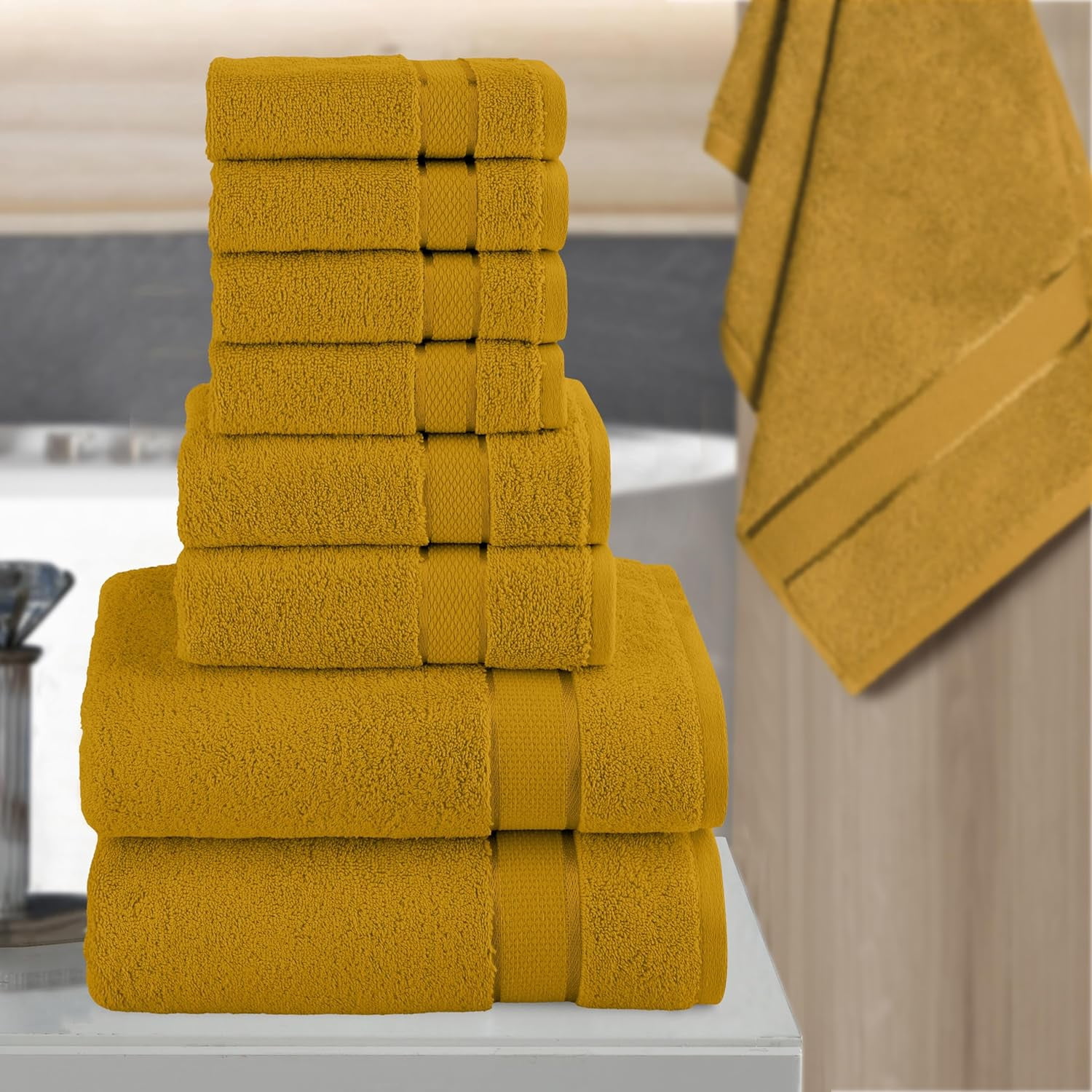 Cotton 8-Piece Towel Set, Includes 4 Washcloths, 2 Hand Towels and 2 Bath Towels, 100% Turkish Cotton - Highly Absorbent and Super Soft Towels for Bathroom, Gold