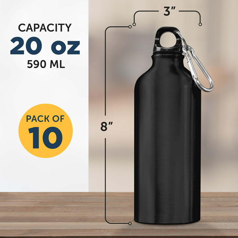Water Bottles with Carabiner 20 oz. Set of 10, Bulk Pack - Aluminum, For  School, Kids sports bottle - Black 