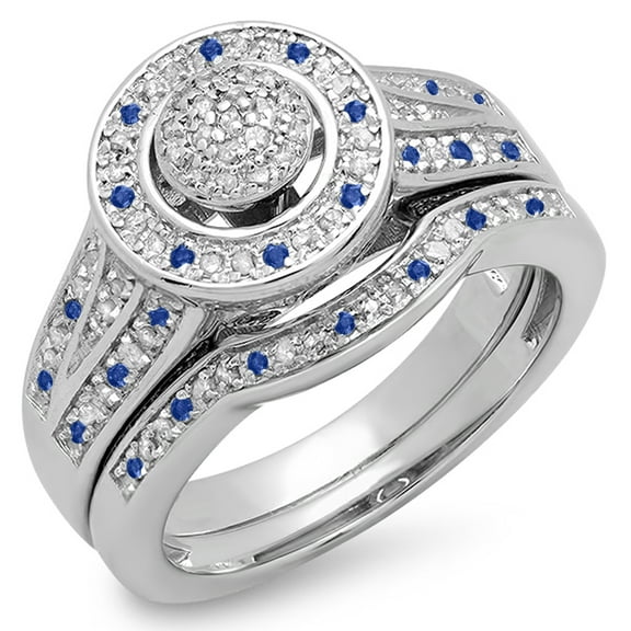 Dazzlingrock Collection 14K Blue Sapphire And White Diamond Split Shank Engagement Ring Set, White Gold, Size 6.5