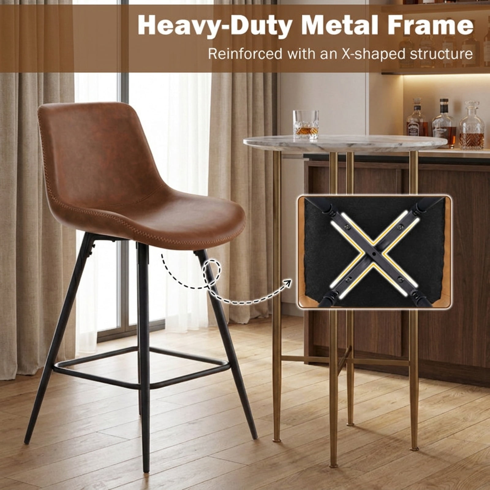 Furnibear 24 Inch Bar Stools Set of 2 with Backs and Footrests for Kitchen Island Counter Bar Pub Dining Home, Brown