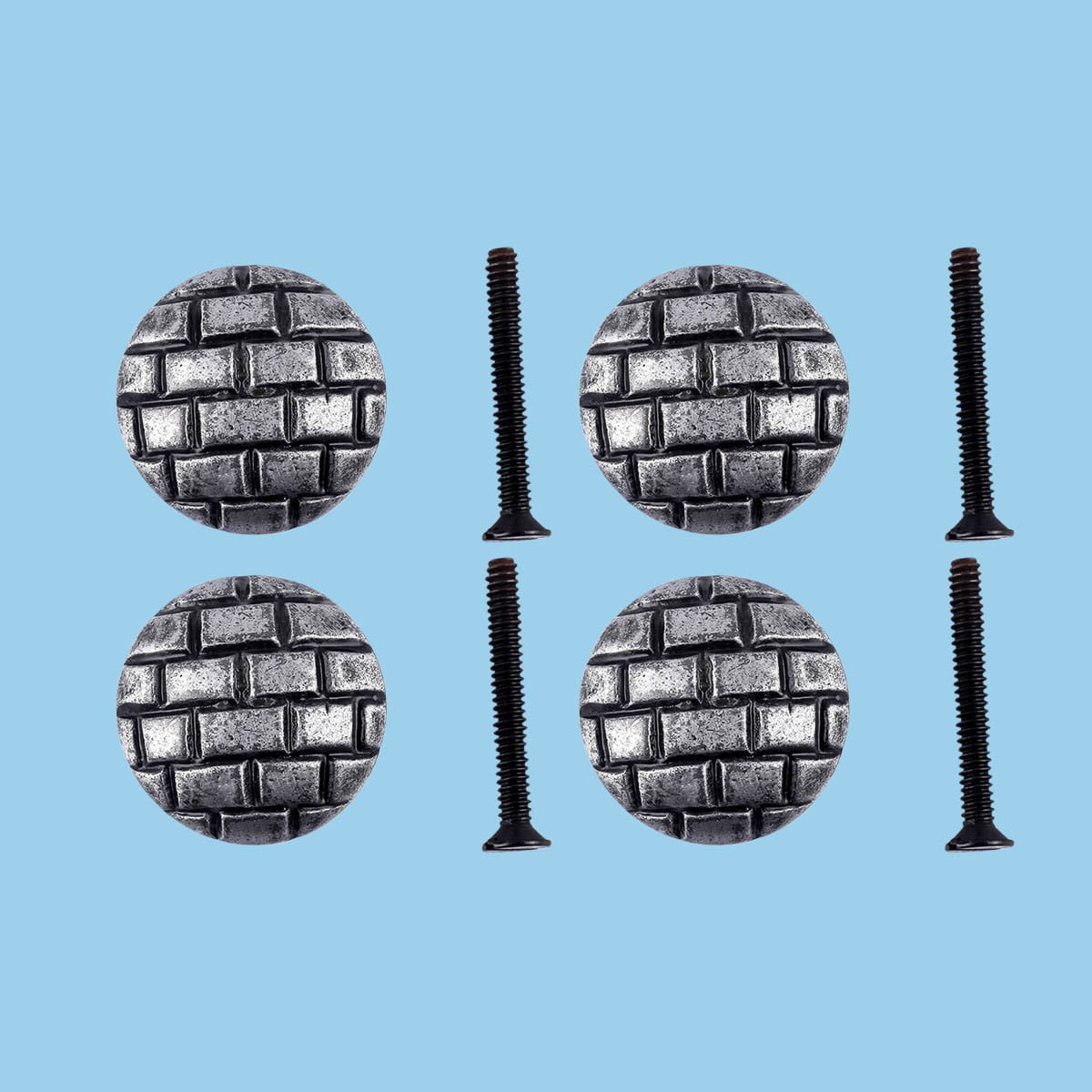 Renovators Supply Round Iron Kitchen Cabinet Knob Pull Decorative Brick Style Pewter Finish Vintage Metal Knobs for Kitchen Cabinet, Dresser or Drawer Pull Handle w/Screws Pack of 4
