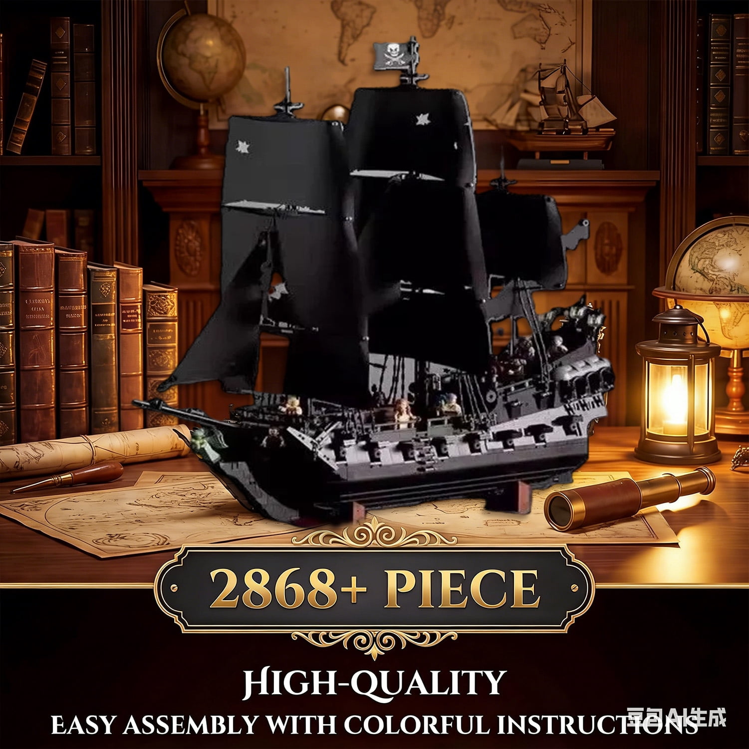 Black Pearl Pirate Ship Model Kit, Large Boats Building Set Length 76.3cm with Sailboat Design for Adults, Interesting for Enthusiasts 2868pcs