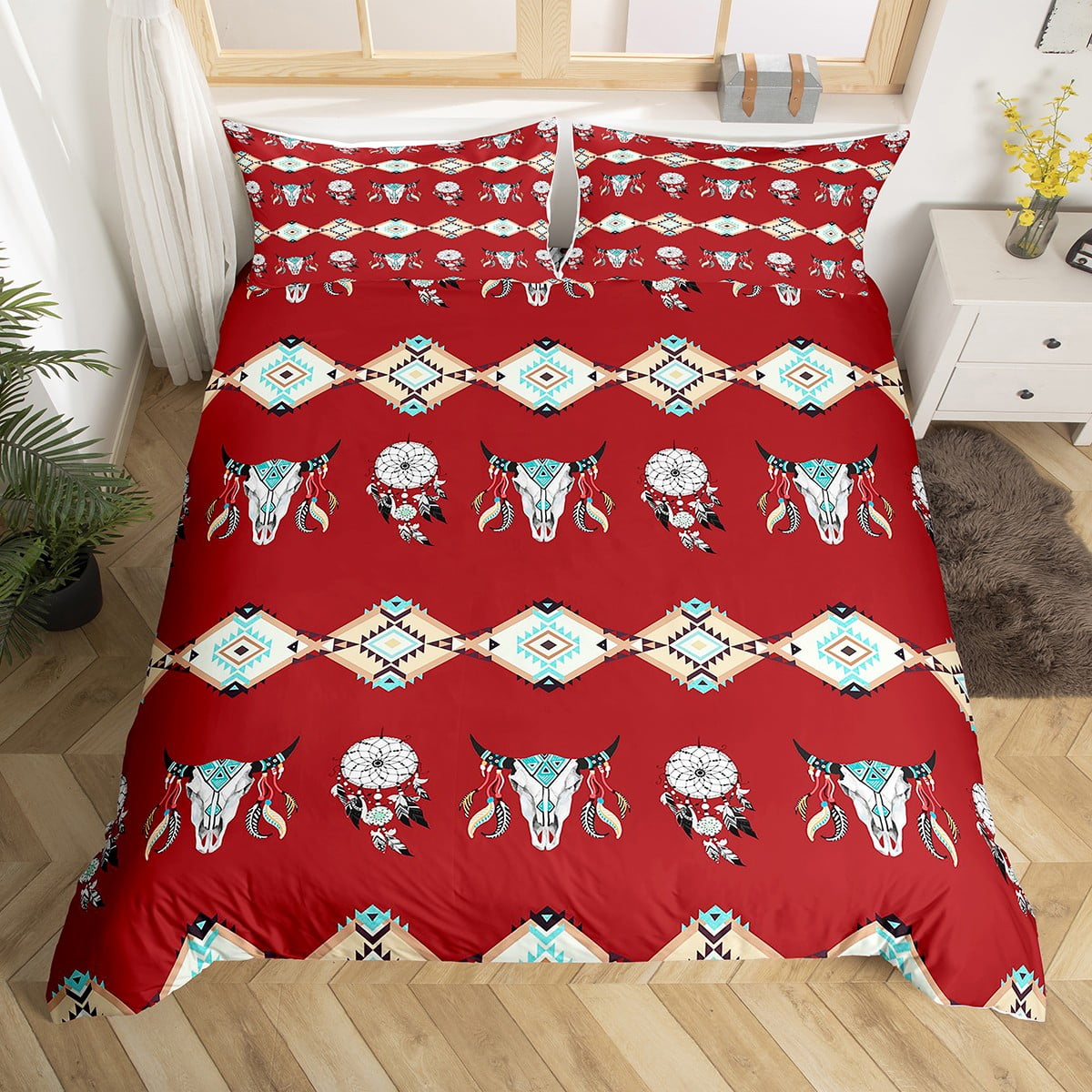Aztec Bedding Set Queen,Southwestern Comforter Cover Exotic Bull Skull
