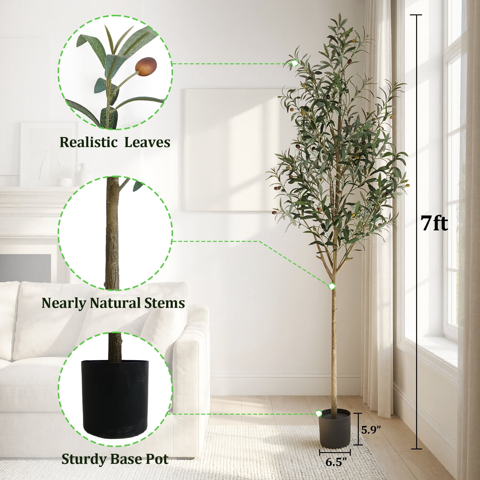 BEAUTYPEAK 7.1FT Artificial Plant Fake Indoor Olive Tree Decorative Outdoor Greenery in Black Pot