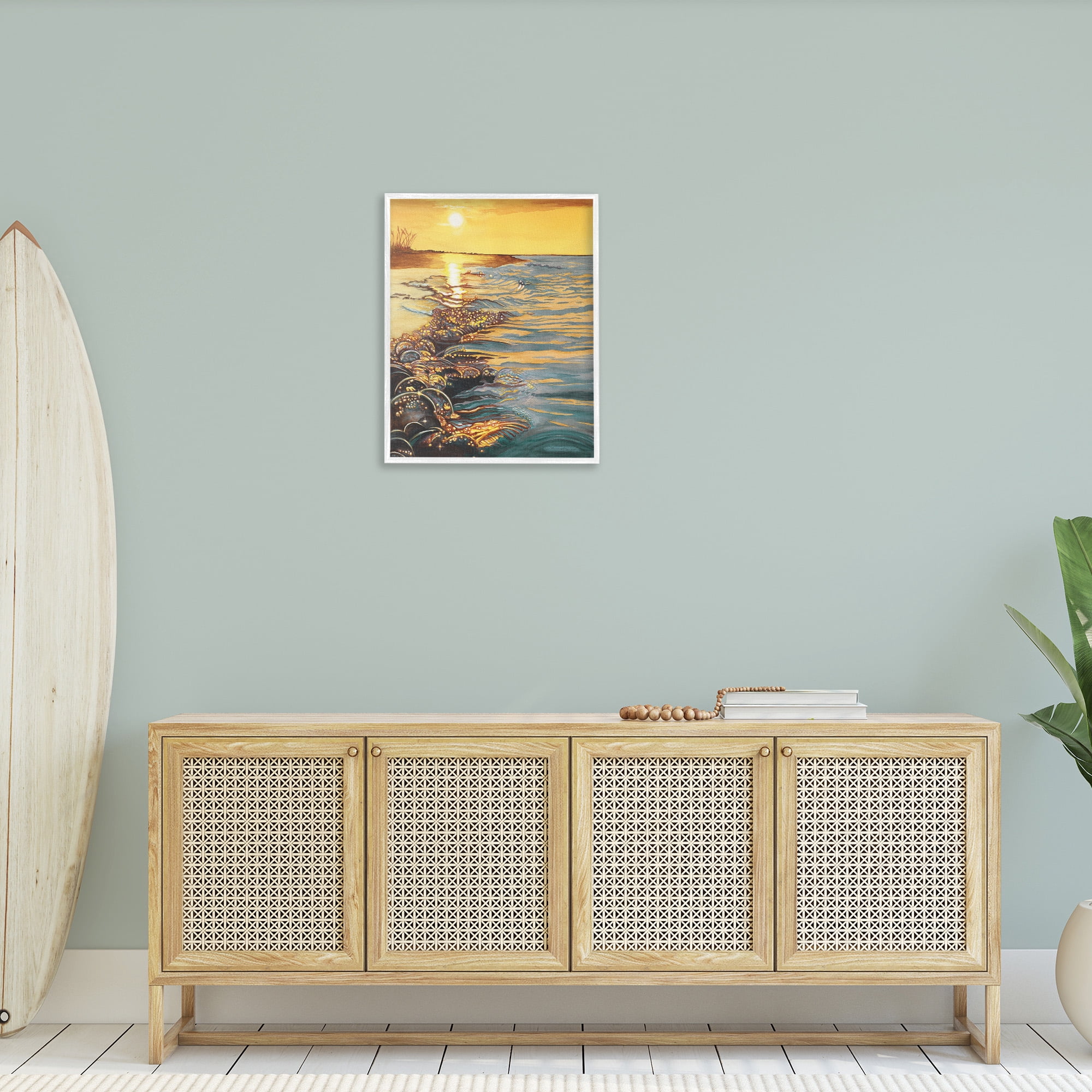 Stupell Industries Sunset over Beach Ripples Landscape Painting White Framed Art Print Wall Art, 24 x 30
