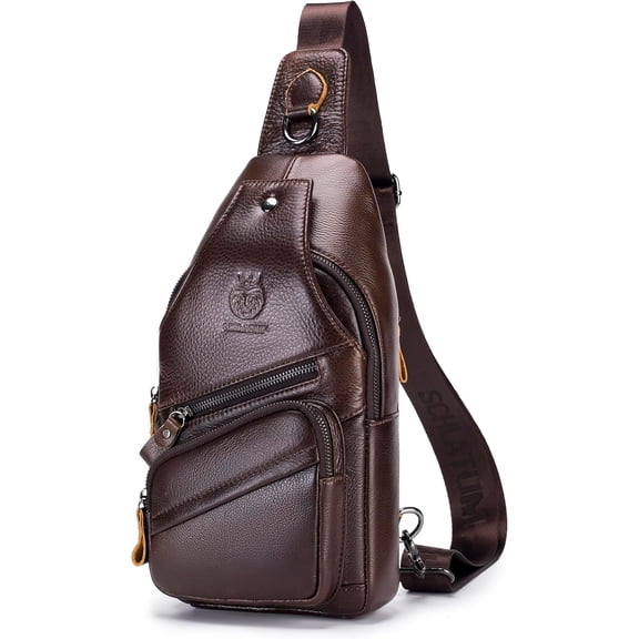 SCHLATUM Genuine Leather Sling Crossbody Bag for Men, Adjustable Strap, Fits 8.3-Inch Device, Coffee