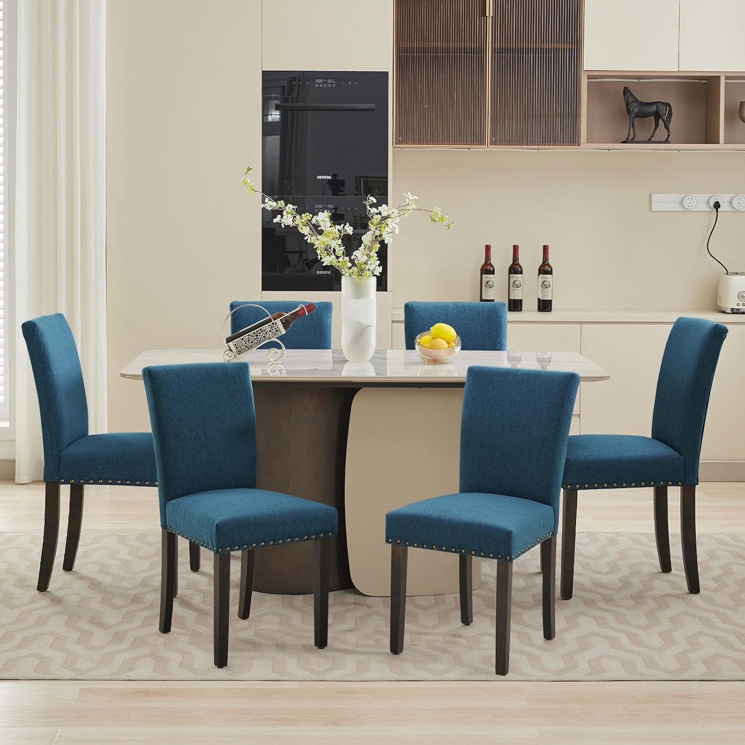 Dining Chairs Set of 2 Upholstered Parsons Diner Room Chair Sets Fabric Kitchen Chairs with Nailhead Trim/Sturdy Wood Legs and Padded Cushion Modern Living Room Chairs, Dark Blue