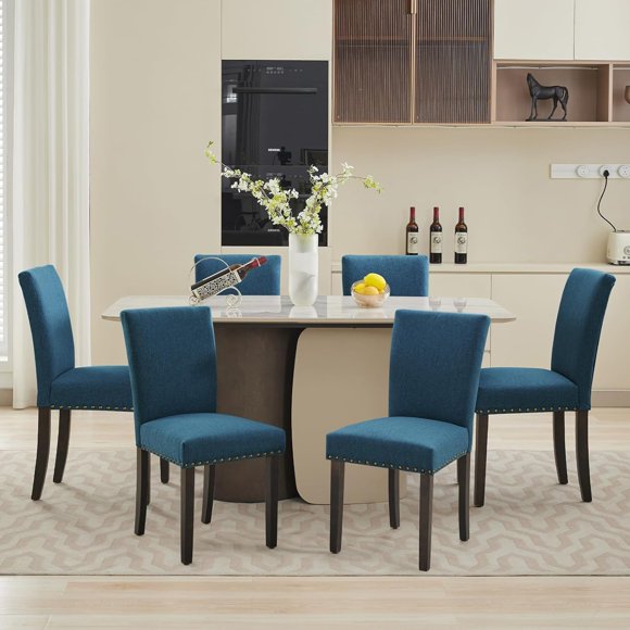 Dining Chairs Set of 6 Upholstered Parsons Diner Room Chair Sets Fabric Kitchen Chairs with Nailhead Trim/Wood Legs and Padded Cushion Modern Living Room Chairs, Dark Blue