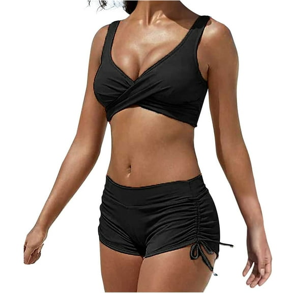 Dezsed Womens High Waisted Swimsuits High Waisted Shorts Bikini Set Sporty Two Piece Bathing Suits Athletic Swimwear for Women Black XL