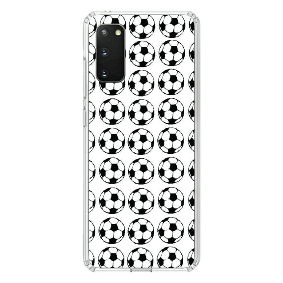 DistinctInk Clear Shockproof Hybrid Case for Galaxy S20 ULTRA / 5G (6.9" Screen) - TPU Bumper, Acrylic Back, Tempered Glass Screen Protector - Soccer Balls Drawing