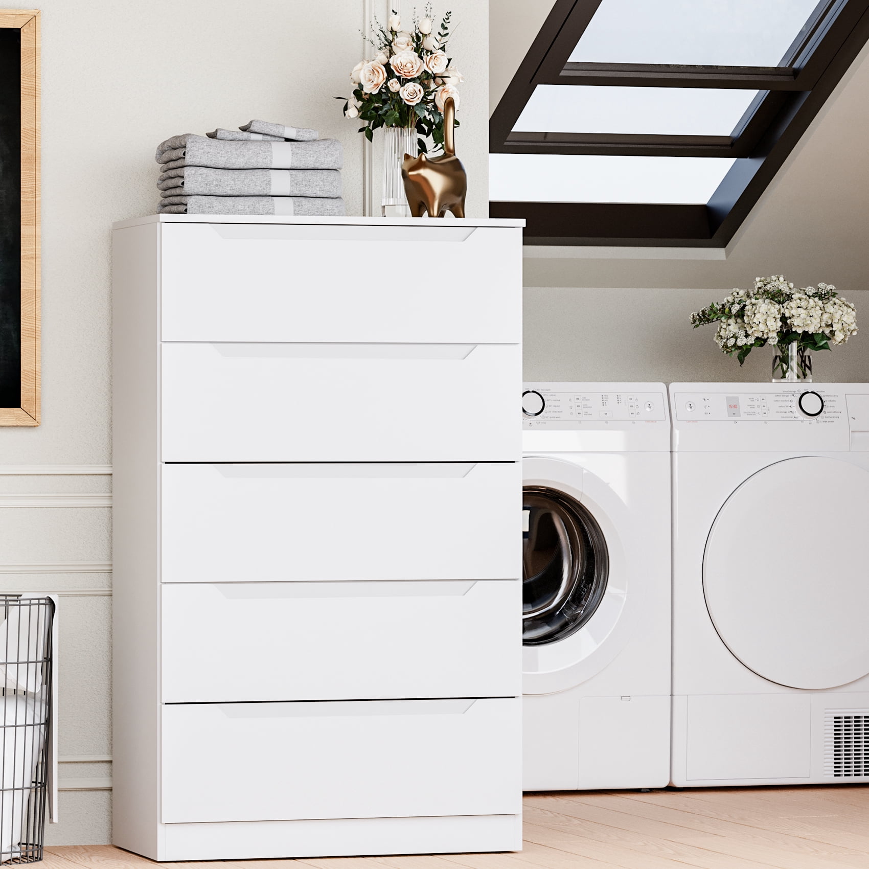 Winkalon Vertical 5 Drawer Dresser, Wood Storage Cabinet with Upgraded Stable Base for Bedroom Living Room, White