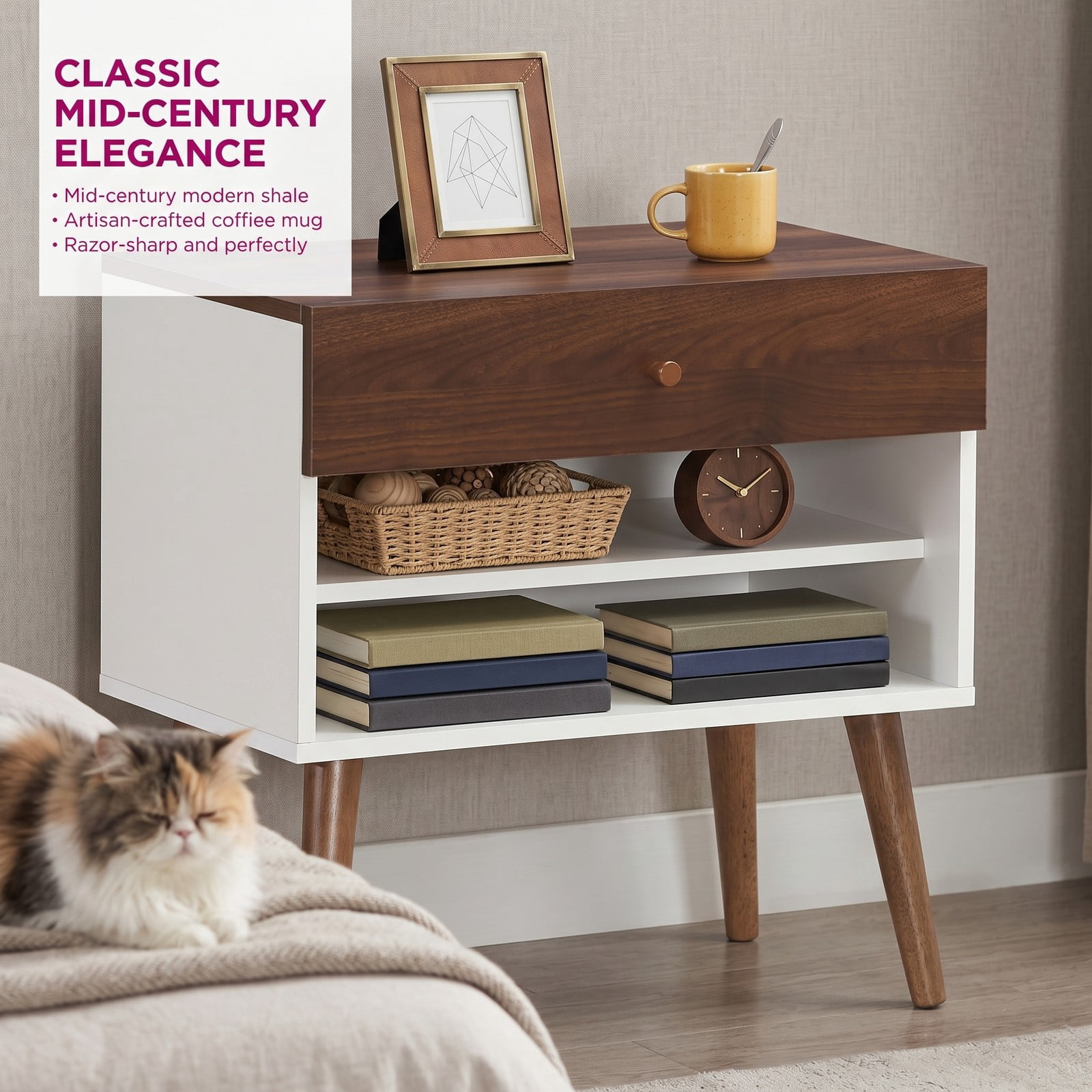 Furnibear Mid Century Nightstand with Drawer and Open Shelf and Rubber Wood Legs for Bedside Storage in the Bedroom, Walnut and White