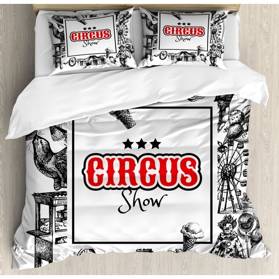 Vintage Duvet Cover Set, Circus Show Logo with Magician Creepy Tricks Performance Sketchy Art, Decorative 3 Piece Bedding Set with 2 Pillow Shams, Queen Size, Orange Black, by Ambesonne