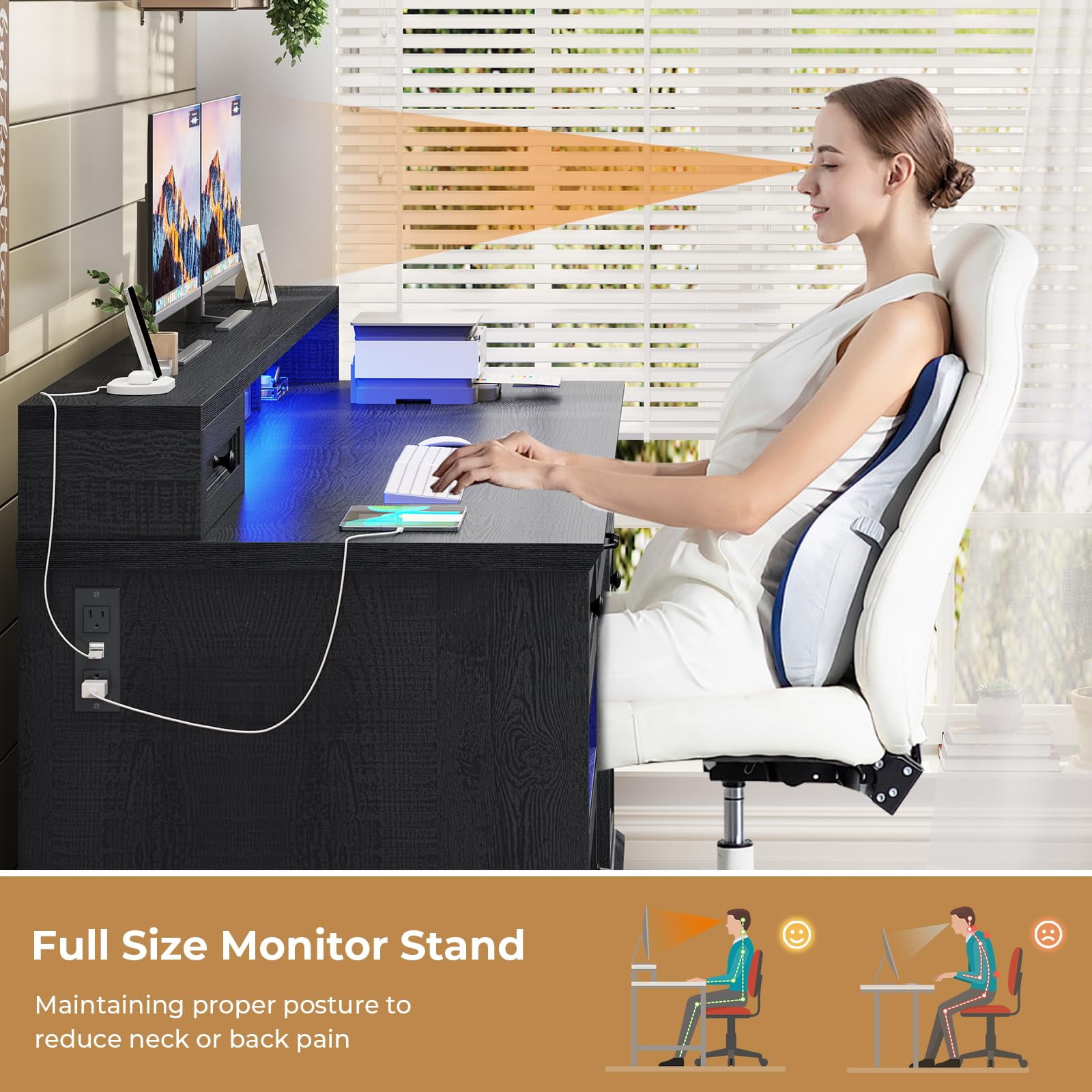 Plonmago Computer Desk with Charging Station & LED Lights, Black Executive Desk with File Drawer, Home Office Desk with Drawers & Storage Cabinet, Executive Office Desk with Monitor Stand
