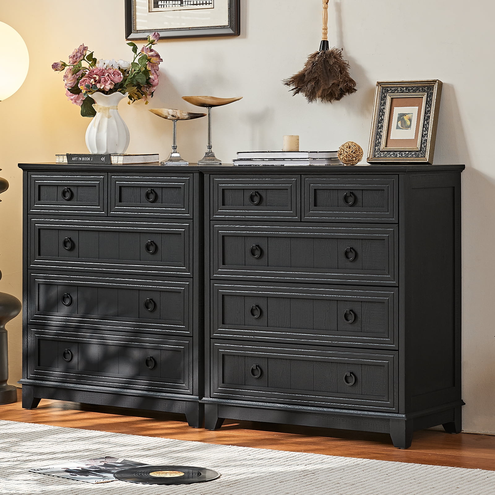 Farmhouse 5 Drawers Dresser for Bedroom with Smooth Metal Rails, Vertical Wood Dresser with Deep Drawers, Chest of Drawers for Bedroom, Black