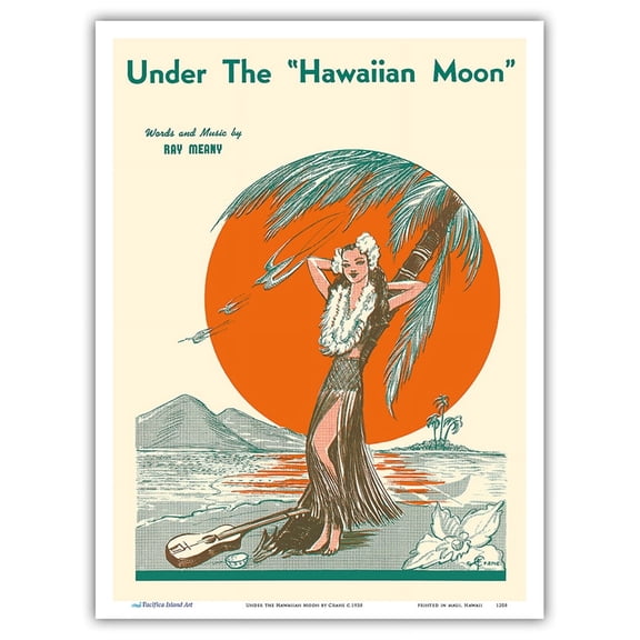 Under the Hawaiian Moon - Vintage Hawaiian Sheet Music by Crane c.1938 - Master Art Print (Unframed) 9in x 12in