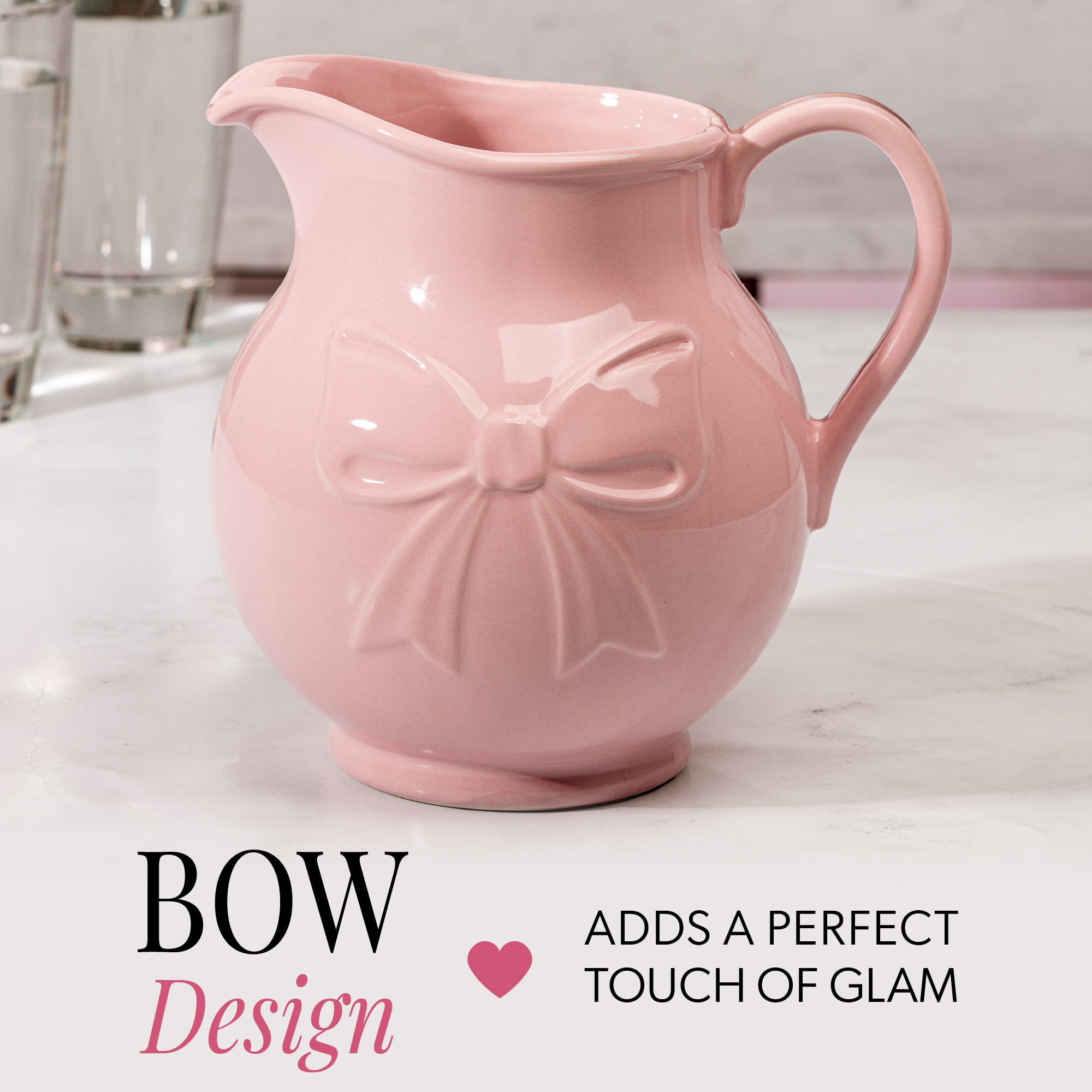 Paris Hilton Ceramic Stoneware Pitcher, 2.5-Quart, Bow Design, Microwave and Dishwasher Safe, London Pink