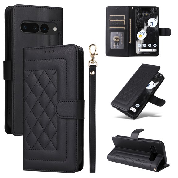 Compatible with Google Pixel 7 Pro Wallet Flip Case, Durable Soft TPU PU Leather 3 Card Slots and 1 Cash Pocket Wrist Strap Magnetic Kickstand Elegant Case for Google Pixel 7 Pro, Black