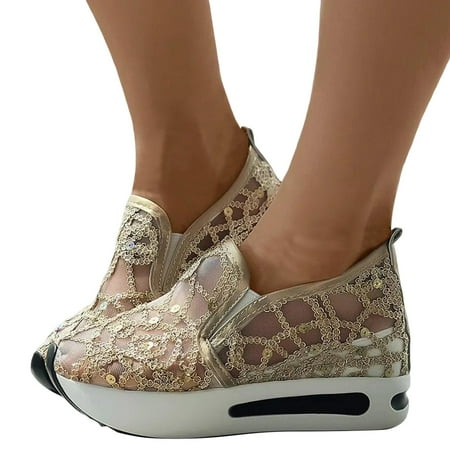 Oyedens Platform Slip on Loafers for Women with Hidden Wedge Mesh High Heels Low Top Walking Shoes