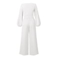 thumbnail image 2 of Franhais 2Pcs Women Outfit, Solid Color Deep V-Neck Knotted Long Sleeve Tops + High-Rise Loose Pants Set for Ladies, S/M/L/XL, 2 of 8