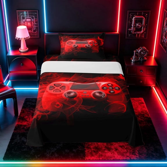 meiyoeat Neon Green Smoke Gaming Twin Sheet Sets for Boys Teens, Video Game Gamer Bedding, Black Red, 3-Piece, 1 Flat Sheet, 1 Fitted Sheet and 1 Pillowcase