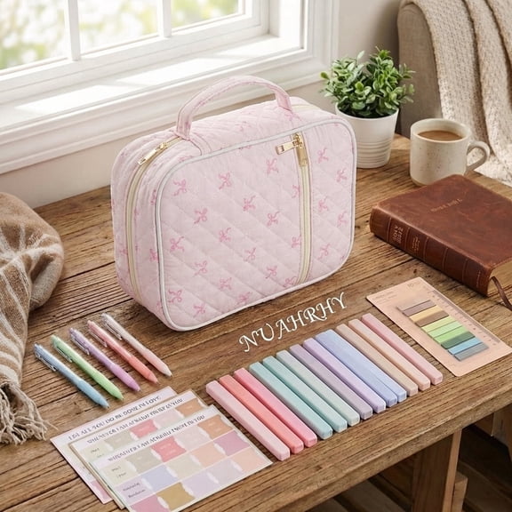 Grusce Bible Cover Case for Women, Large Quilted Bible Carrying Case with Handle, Bible Study Supplies Kit with 5 Ballpoint, 12 Bible Highlighters&75 Bookmarks and 200 Labels