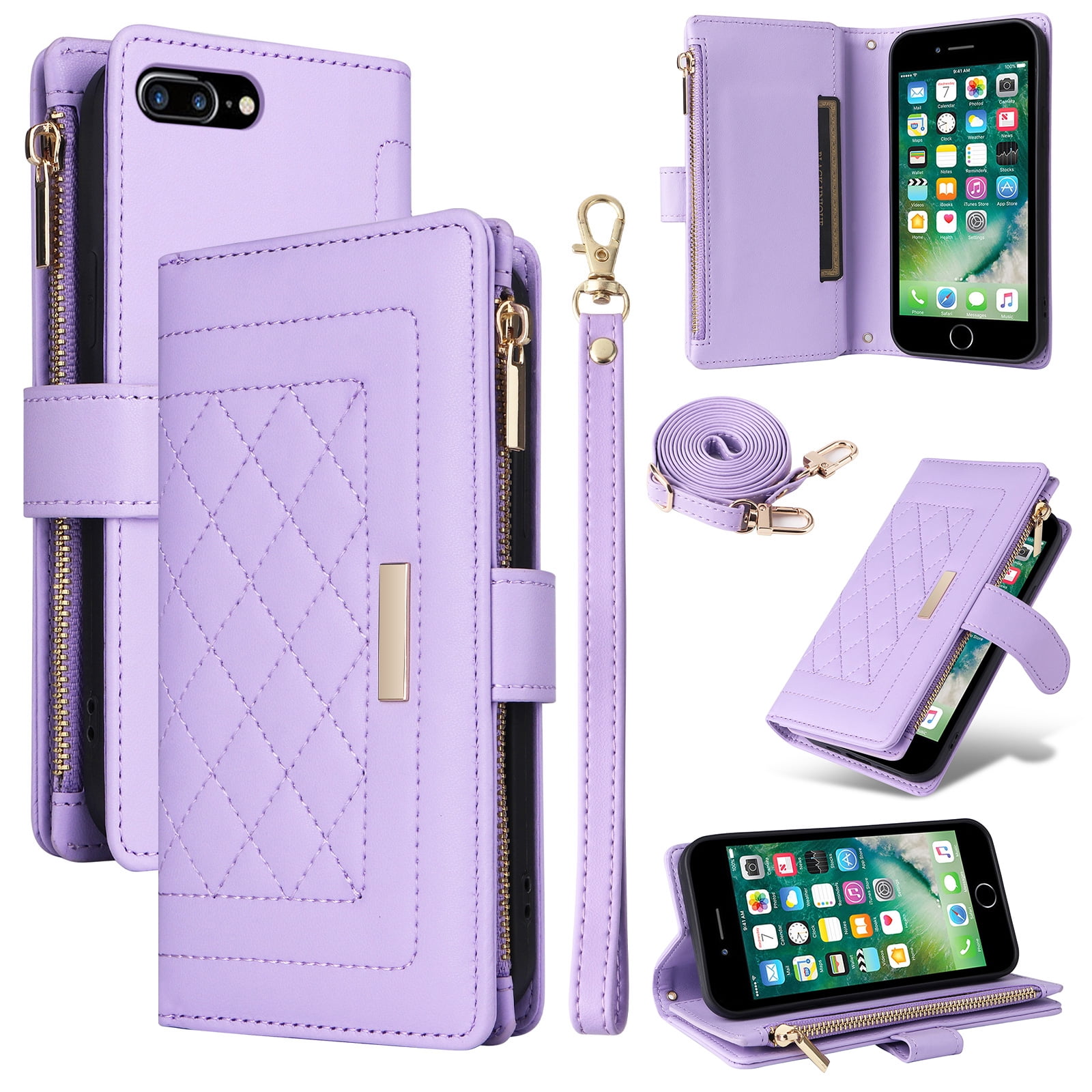 for iPhone 8 Plus/7 Plus Wallet Case with RFID Blocking Card Holder, Kickstand Feature PU Leather Case with Adjustable Crossbody & Short Lanyard Magnetic Clasp Zipper Pocket Flip Cover,Purple