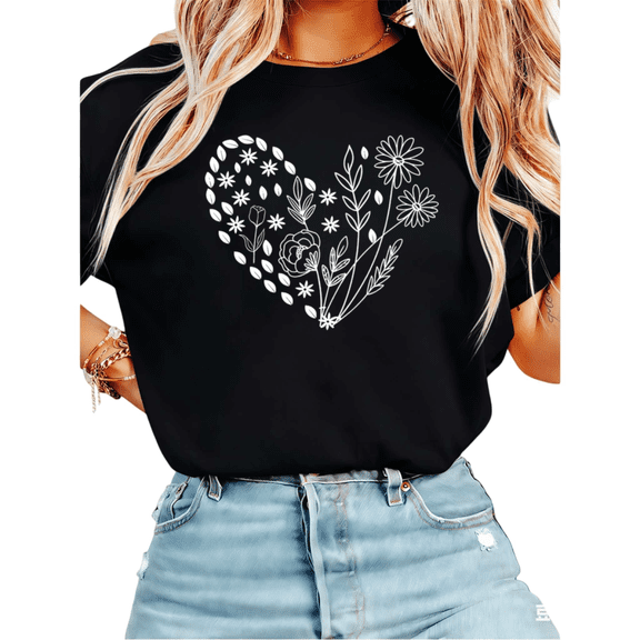 Women Floral Heart Line Art Graphic Tees T Shirt Tops Round neck Printed Cotton T Shirt Black S-5XL