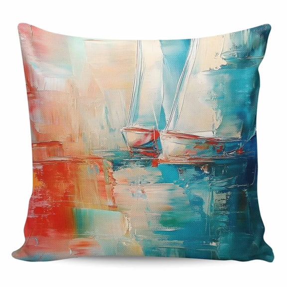 Throw Pillow Covers 24x24 Inch, Abstract Ombre Decorative Pillow Cases for Couch Sofa Bed, Vintage Chic Gradient Ship Oil Painting Cotton Linen Square Home Decor Pillowcases with Hidden Zipper