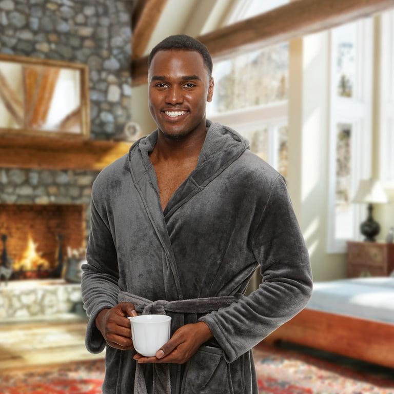 Ross Michaels Mens Robe with Hood - Soft Warm 320 GSM Mid Length Bathrobe -  Plush Shawl Collar Fleece Bath Robes for Men (Grey, Small-Medium)