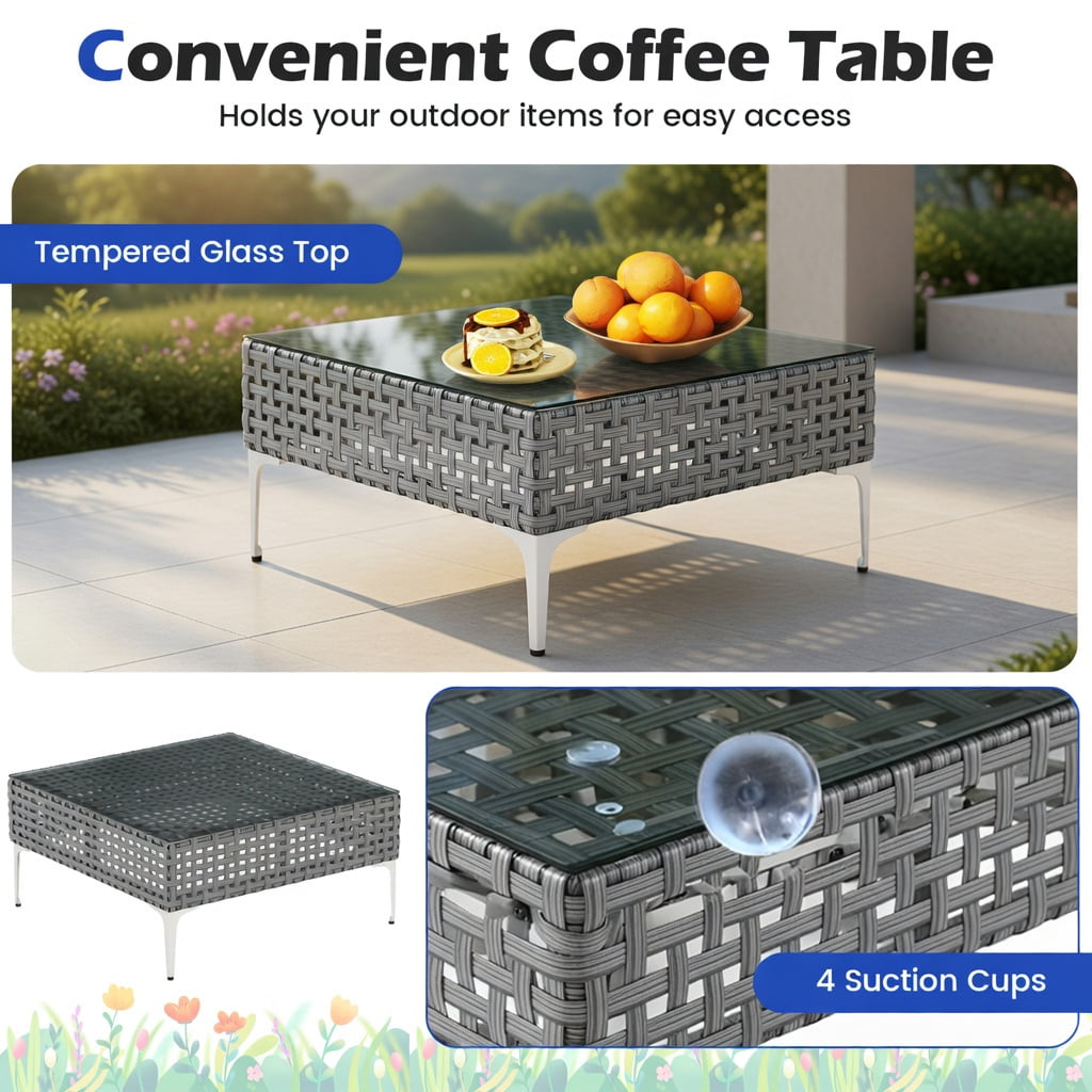 Hommoo 3-Piece PE Rattan Outdoor Conversation Set with Tempered Glass Coffee Table, Patio, Porch & Balcony Seating, Navy