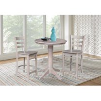30" Round Solid Wood Pedestal Table in Washed Gray Taupe & 2 Stools