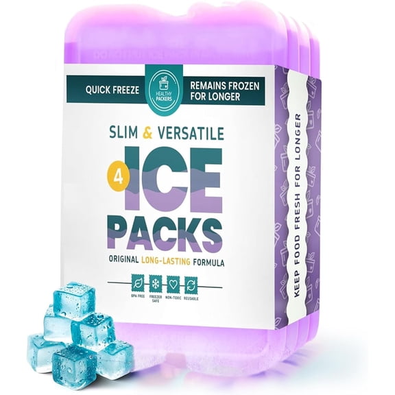 Healthy Packers Slim Ice Packs for Lunch Bags or Coolers (4 Pack, Purple)