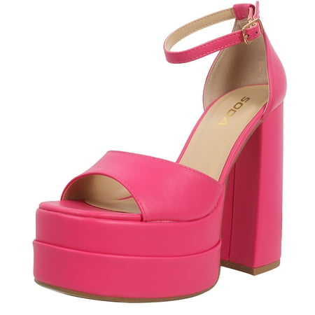 

Soda Women s Faux Leather High Platform Chunky Block Ankle Strap Heel Pink 8 M US