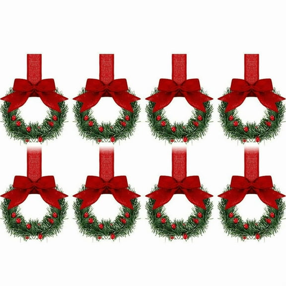 8pc Christmas Cabinet Decoration Wreath Suitable For Holiday Decoration Home Beautification Christmas Atmosphere Creation Exquisite Simulation Plants With Red Ornaments