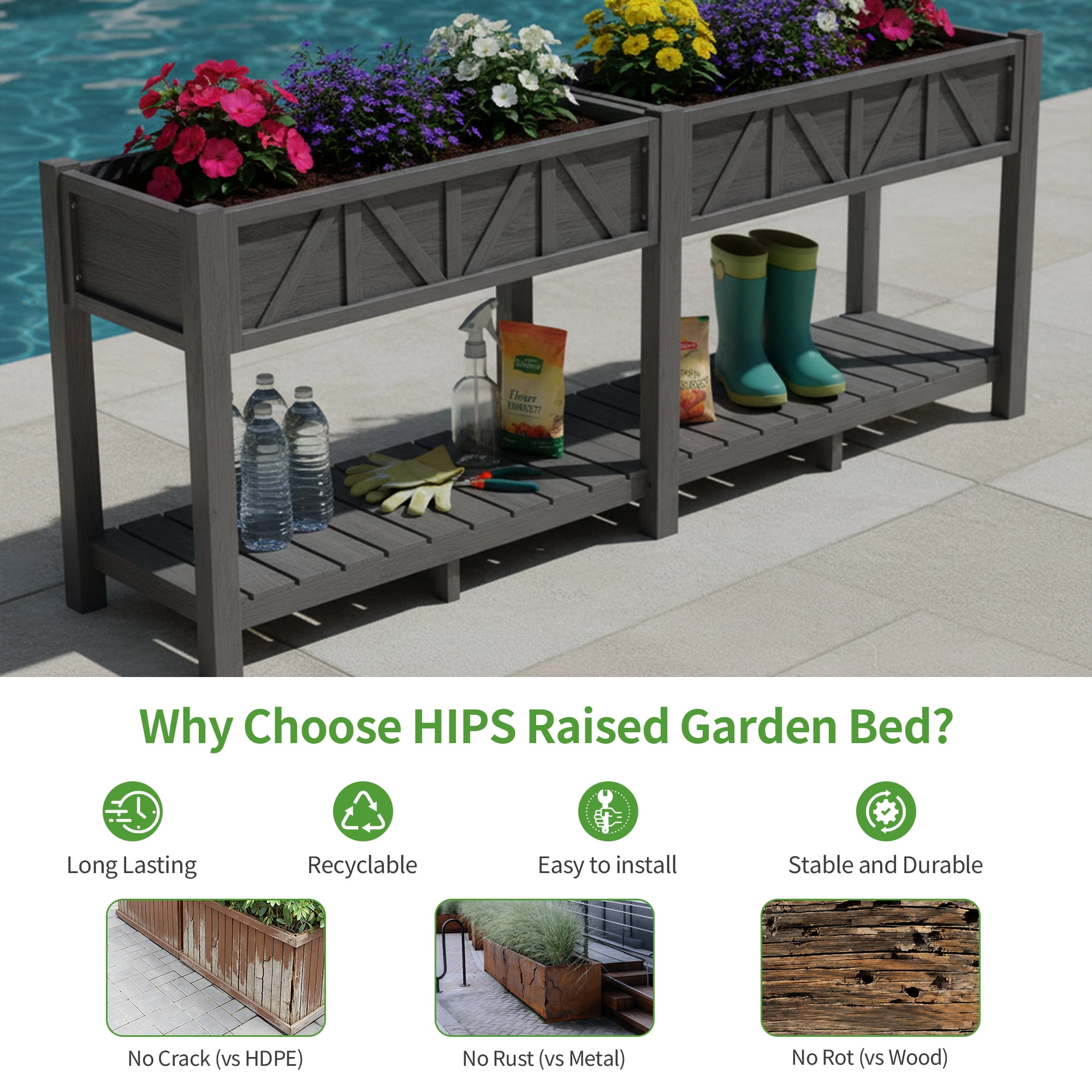 AwayHome 72"L x 17.3"W x 28.7"H 2-Tier Gray Outdoor Elevated Raised Garden Bed with Legs&Handle