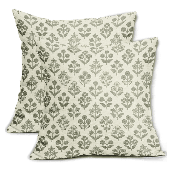 Floral Pillow Covers 18x18 Inch Set of 2, Vintage Flower Block Print Pattern Decorative Throw Pillowcases