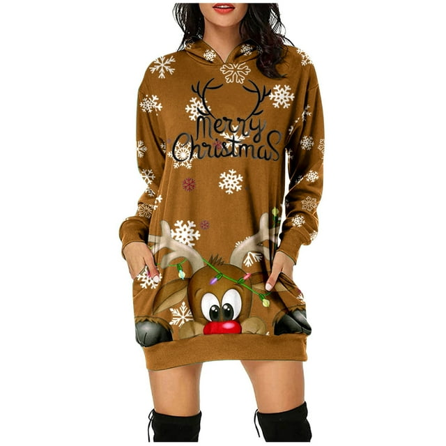 Robe Maxi à Manches Longues Imprimée de Noël pour Femmes avec Col en V, Chandail à Capuche avec Poches, Robe d'Été