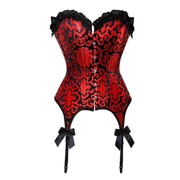 Grebrafan Women Vintage Floral Corset Bustier with Garter Red L