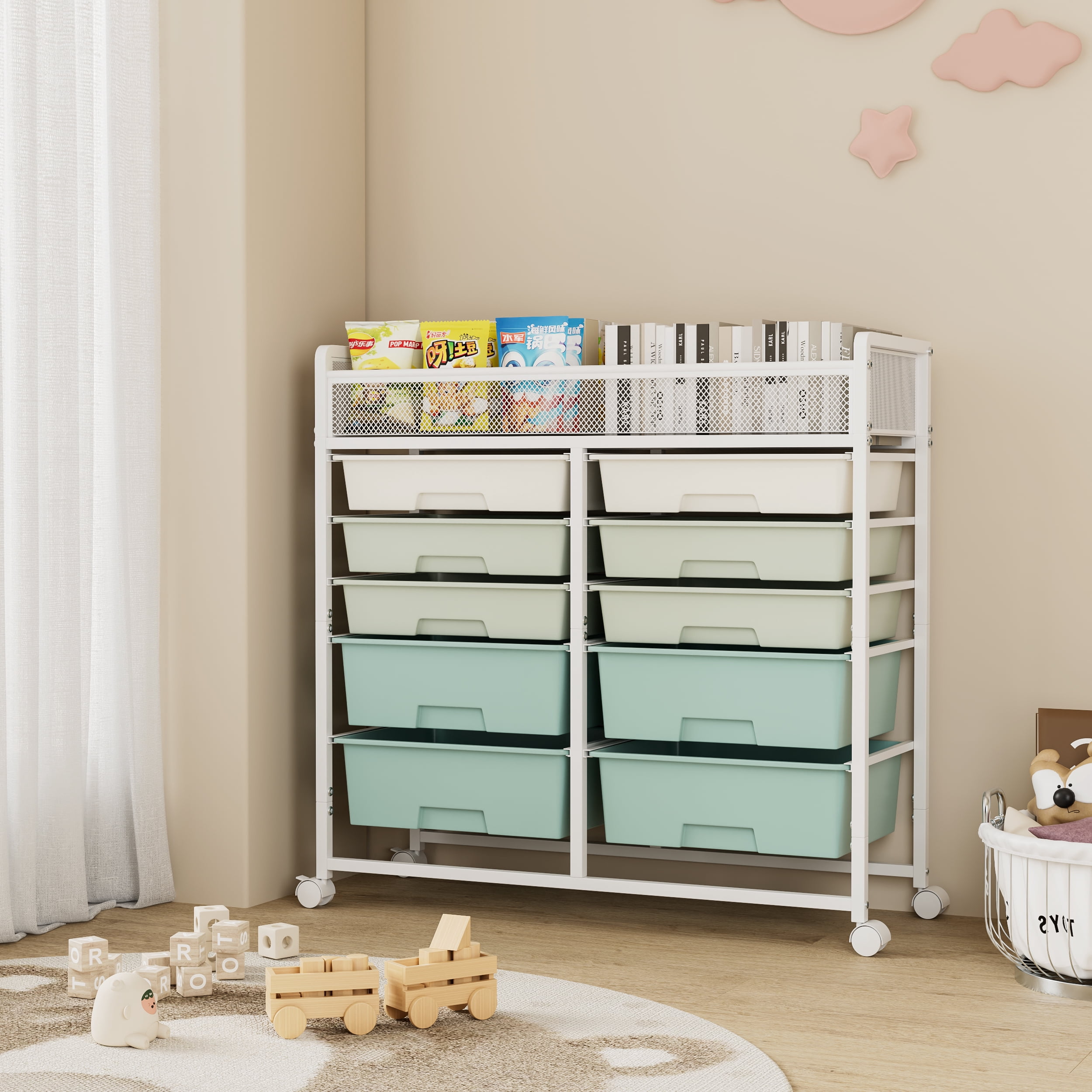 2-Row 10-Drawer Rolling Storage Cart, Metal Mesh Top Utility Organizer with Lockable 360° Wheels, PP Plastic Drawers for Kitchen Bathroom Bedroom Office