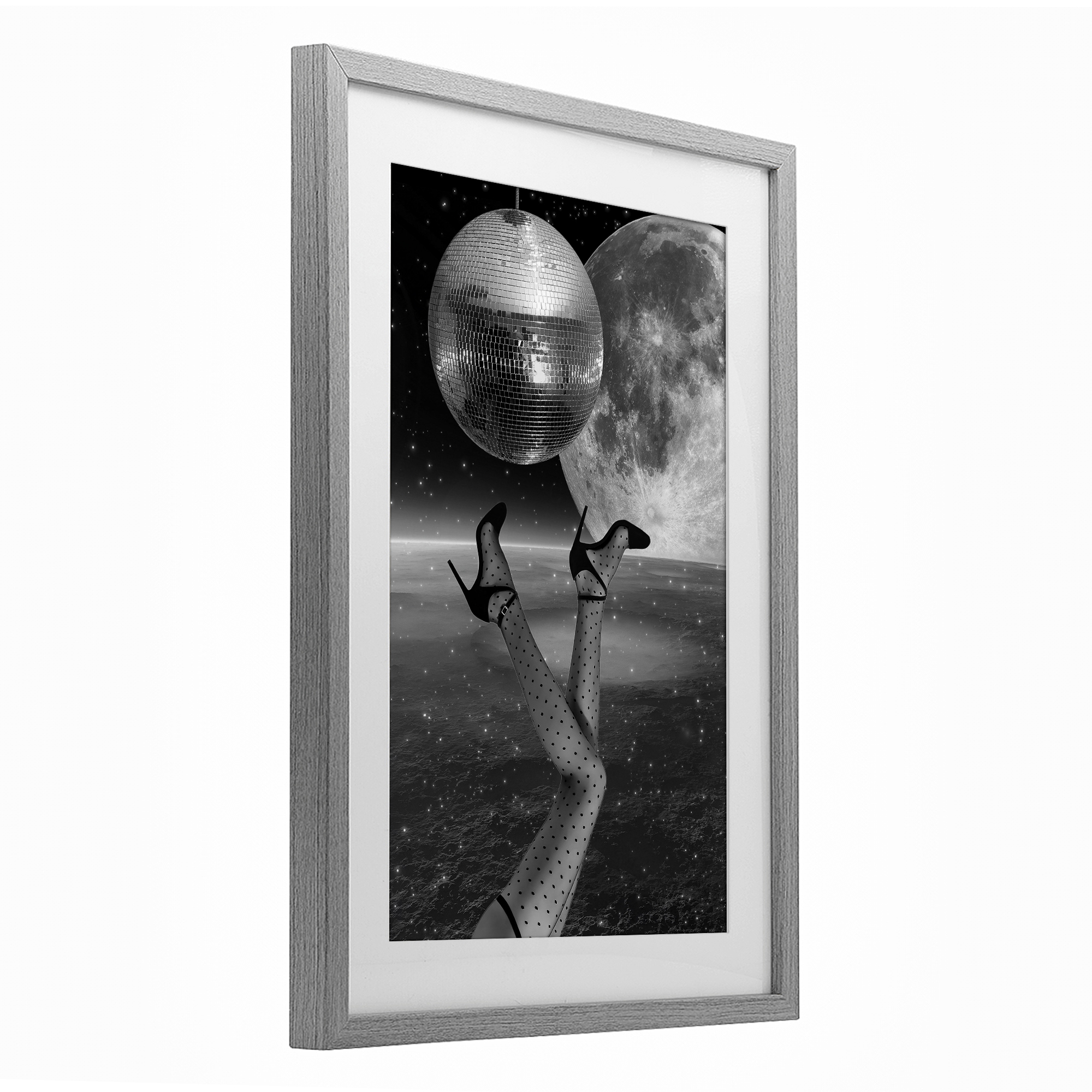Hangin' Over Disco & Planet Gray Framed Print Under Glass, design by Elo Marc