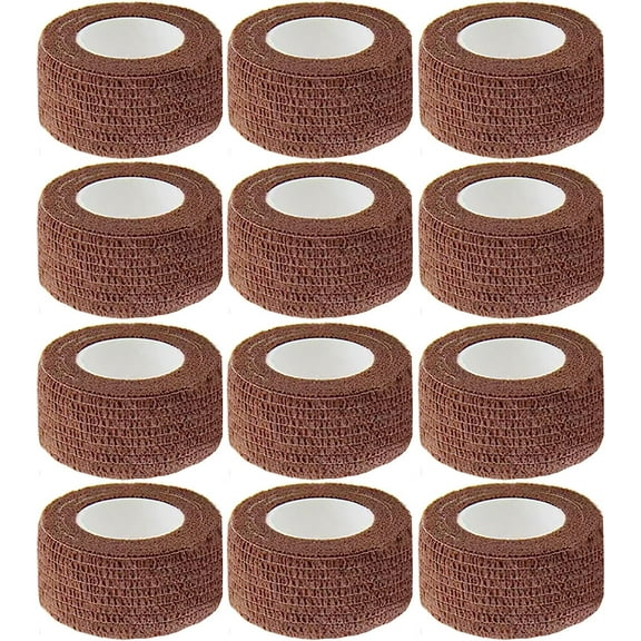 12 Pack Self Adherent Bandage Wrap, 1 Inch 5 Yards Athletic Elastic Non Woven Cohesive Flex Tape, for Stretch, Sport, First Aid Medical, Wrist, Ankle Sprains, Swelling and Vet Wrap Supplies (Brown)