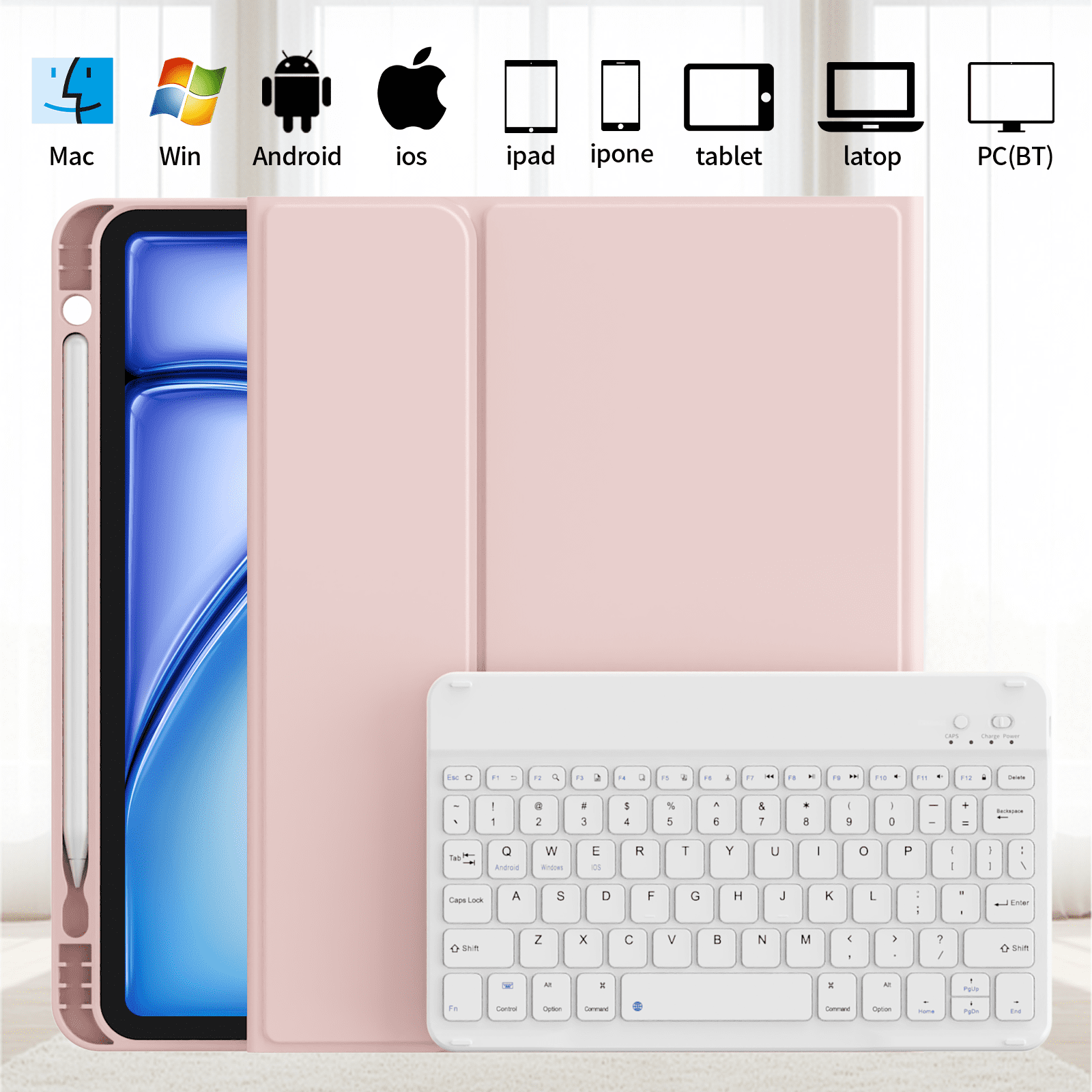 KVTVOU Keyboard Case for iPad Air 11 inch M2/M3 (2024/2025), iPad Air 5th/4th Generation (2022/2020) 10.9 inch, Detachable Wireless Bluetooth Keyboard, Stand Folio Cover with Pencil Holder, Pink