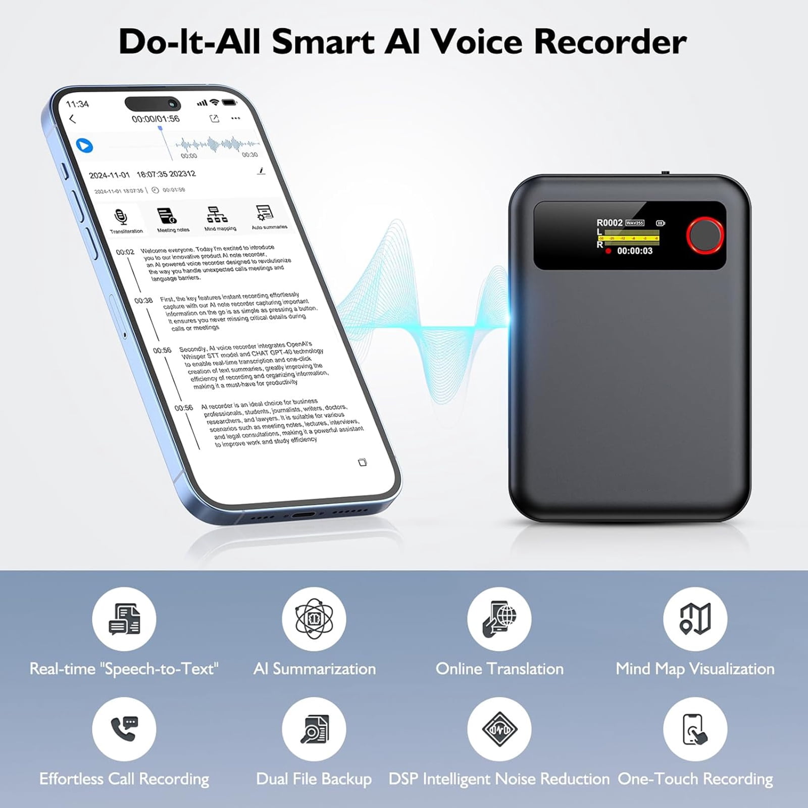 RONY AI Voice Recorder with Transcribe, Translation, APP Control, AI Analysis Summarize for Lectures Meetings Calls, Support 100+ Languages, 64GB Memory