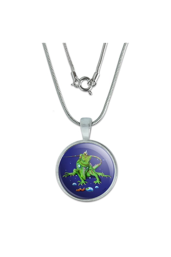 Rainforest Iguana and Caterpillar 0.75" Pendant with Sterling Silver Plated Chain