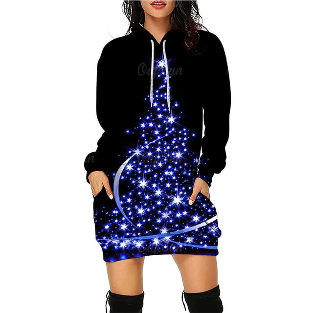Vestido con capucha de árbol de Navidad para mujer, suéter de patrón divertido, ropa de fiesta de vacaciones de Navidad, falda de moda informal, Jersey, nuevo