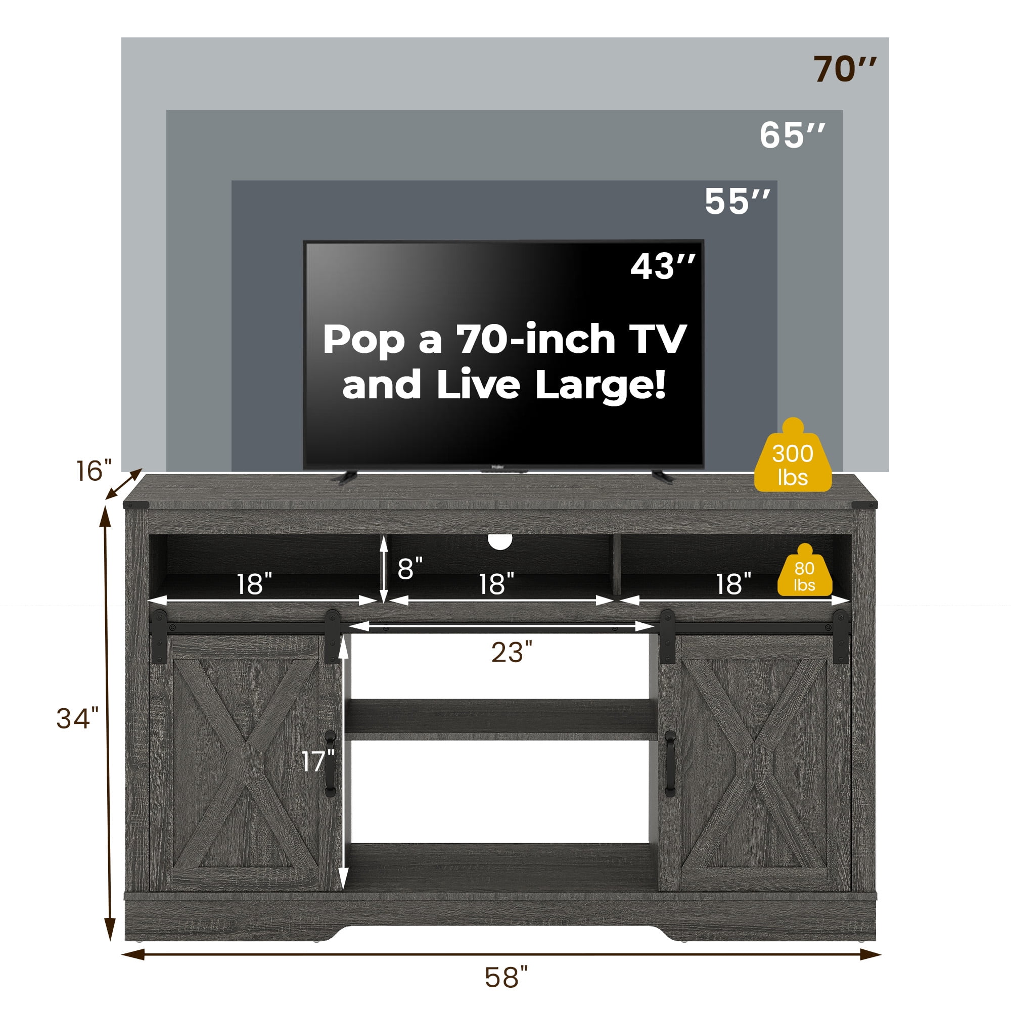 May in Color 34'' Tall TV Stand for 65"+ Inch TV, Farmhouse TV Console for 23" Fireplace, with Sliding Bar Door, Rustic Entertainment Center for Living Room, Bedroom (Dark Grey)