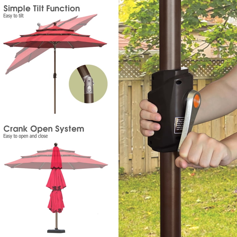9 ft steel crank and tilt patio umbrella in ruby 9' Red Lift 3 Position  GreenTherapyCo Does not tilt.Pole is aluminum with a bronze finish. Sun-Ray 9 ft. Round 8-Rib