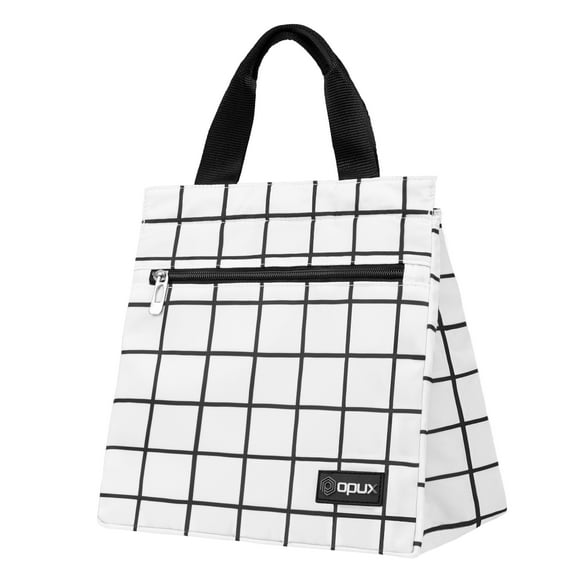 OPUX Lunch Bag for Women, Insulated Lunch Box Tote for Girls Work School Men Kids Office, Thermal Soft Small Lunch Cooler Bag for Picnic Travel with Pocket, Fits 12 Cans - Checker Plaid White